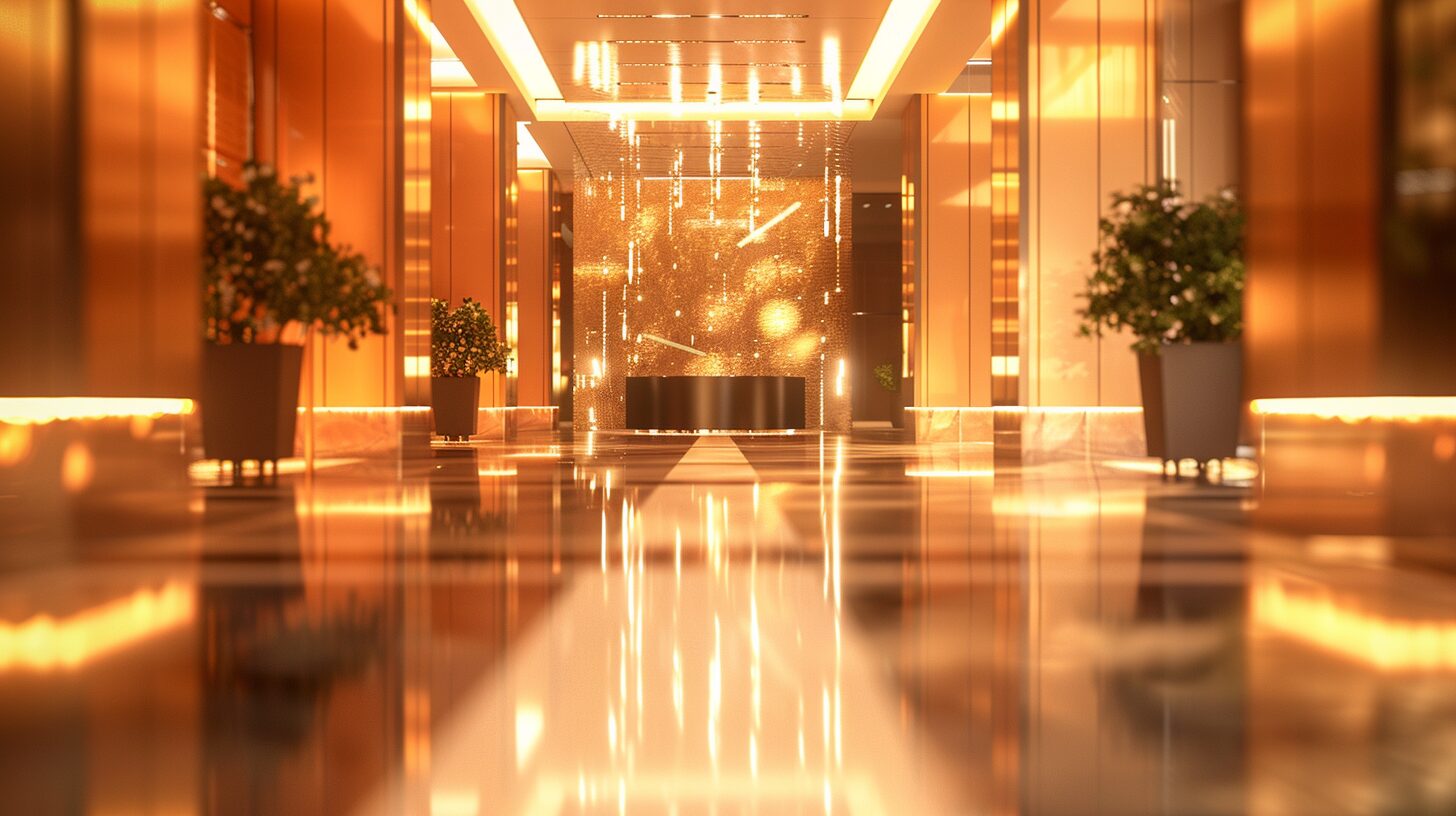 金色に輝く高級ホテルのロビー（IHGプラチナエリートのイメージ）