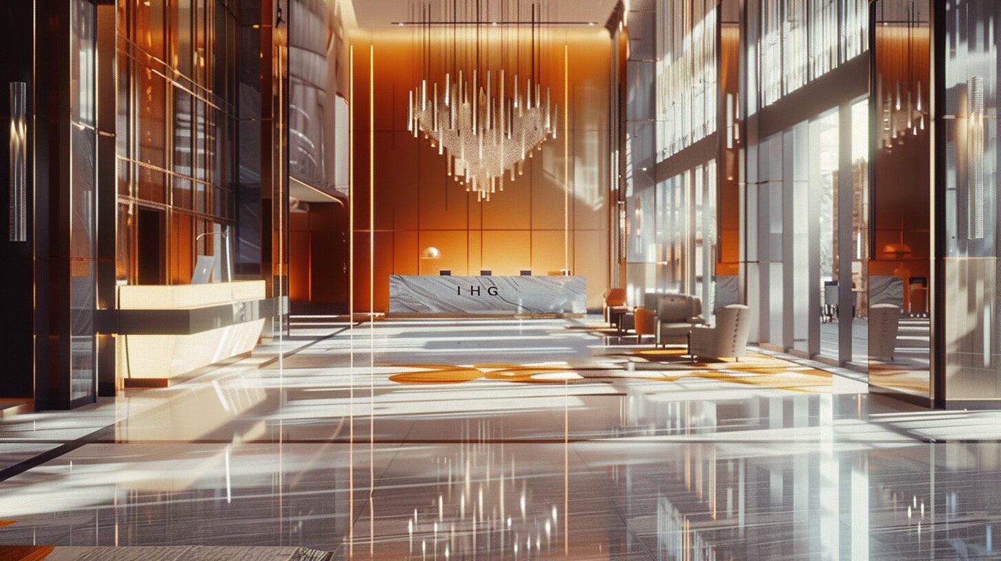 IHGのフロントデスクがある高級ホテルのロビーのイメージ