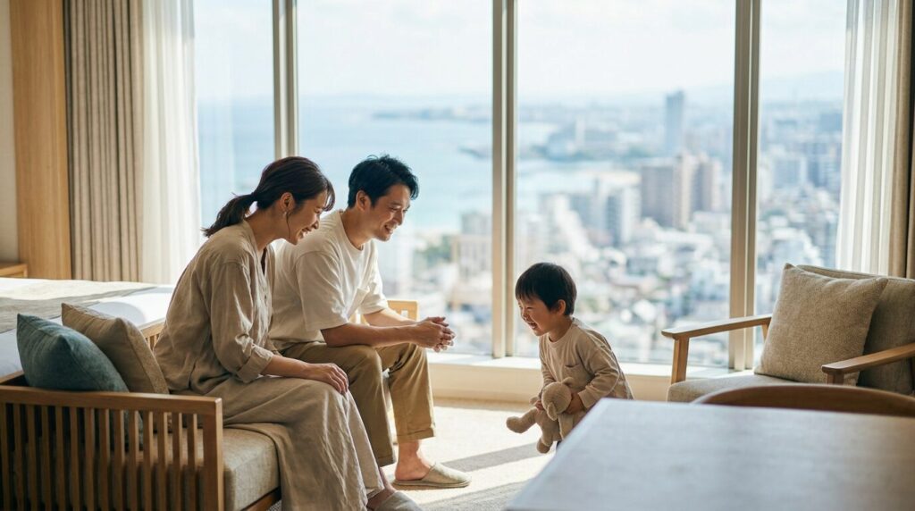 3人家族で夫婦と子供一人が仲良くしている様子